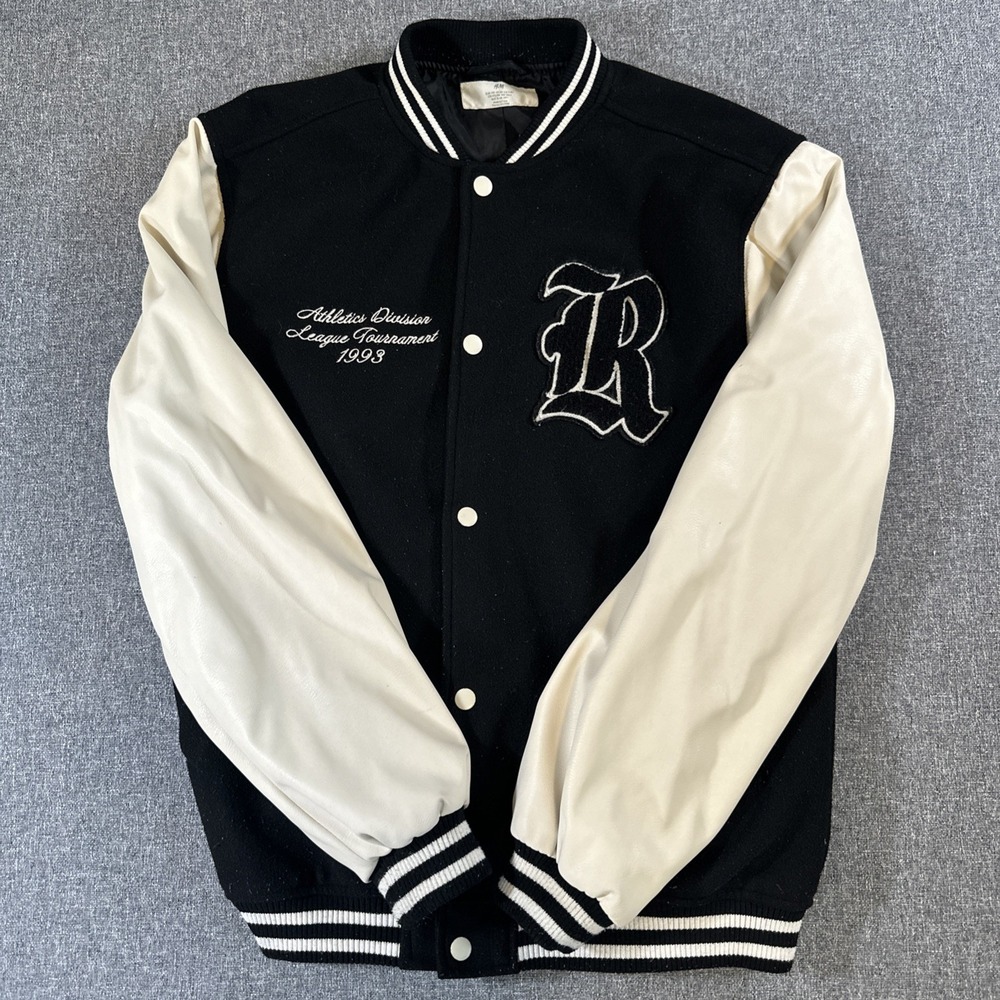 H&M Varsity Jacket Youth 14+ Black‎ White Letterman Bomber Snap Front